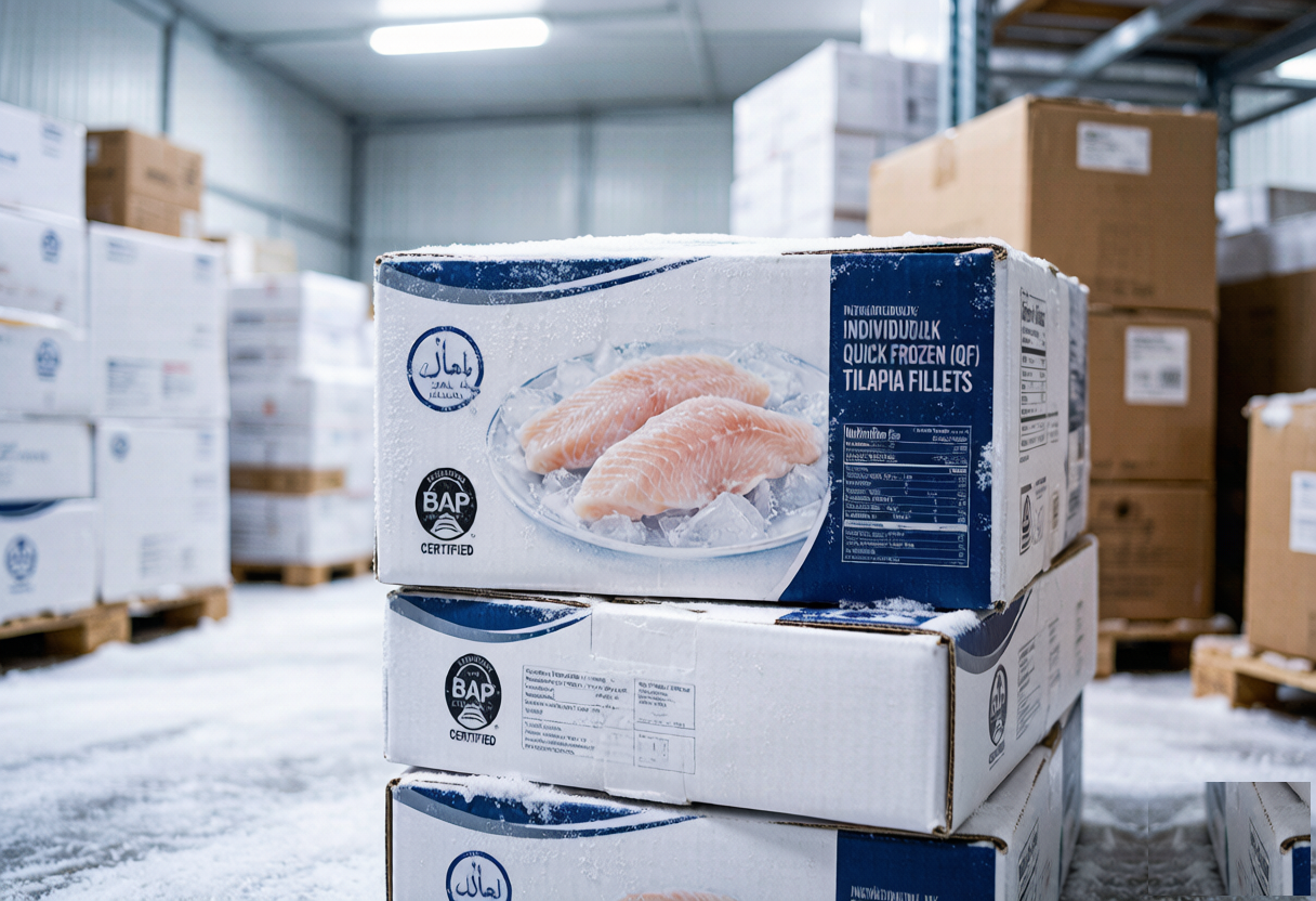 Close-up of vacuum-sealed frozen tilapia fillets in 10kg cartons with Halal and BAP certification labels in a cold storage warehouse