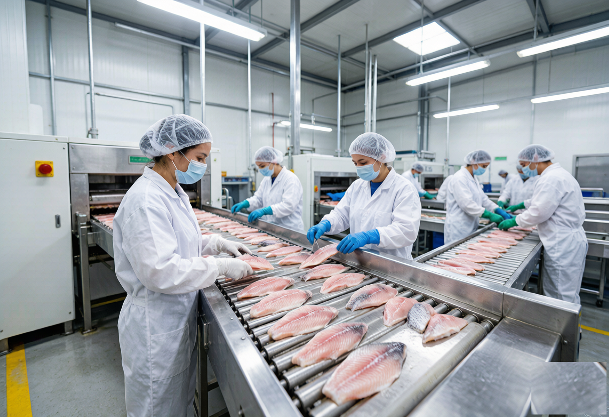 HACCP-certified seafood processing facility with workers inspecting tilapia fillets on a stainless steel production line