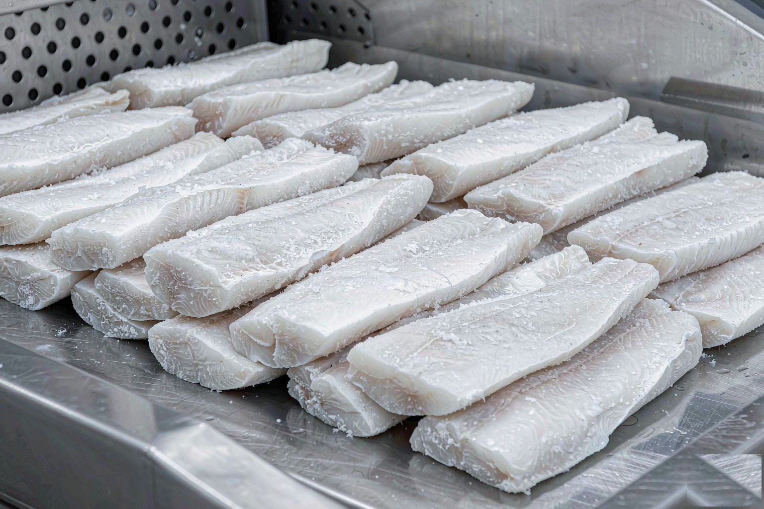Premium IQF frozen tilapia fillets on processing line