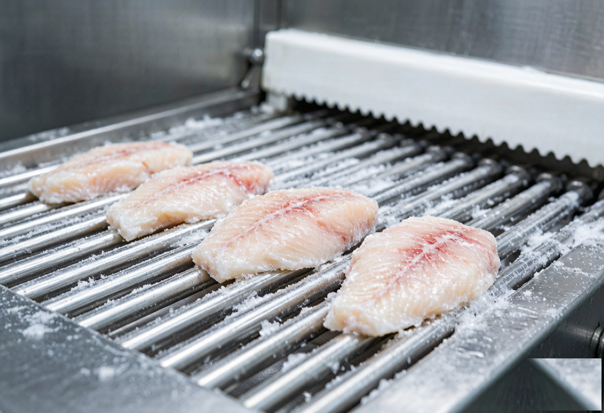 Close-up of individually quick frozen (IQF) tilapia fillets on a stainless steel processing belt, showing free-flowing individual pieces with ice glaze