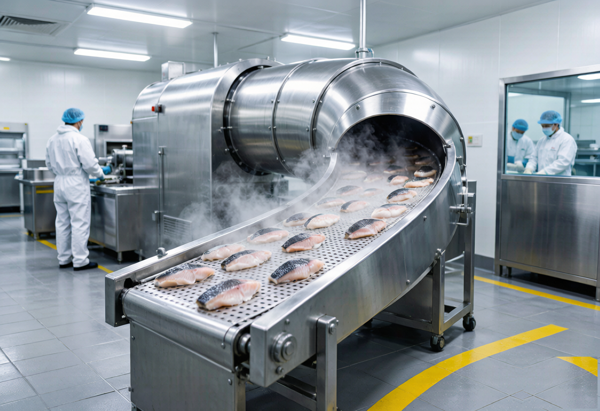 IQF spiral freezer tunnel in a HACCP-certified seafood processing plant