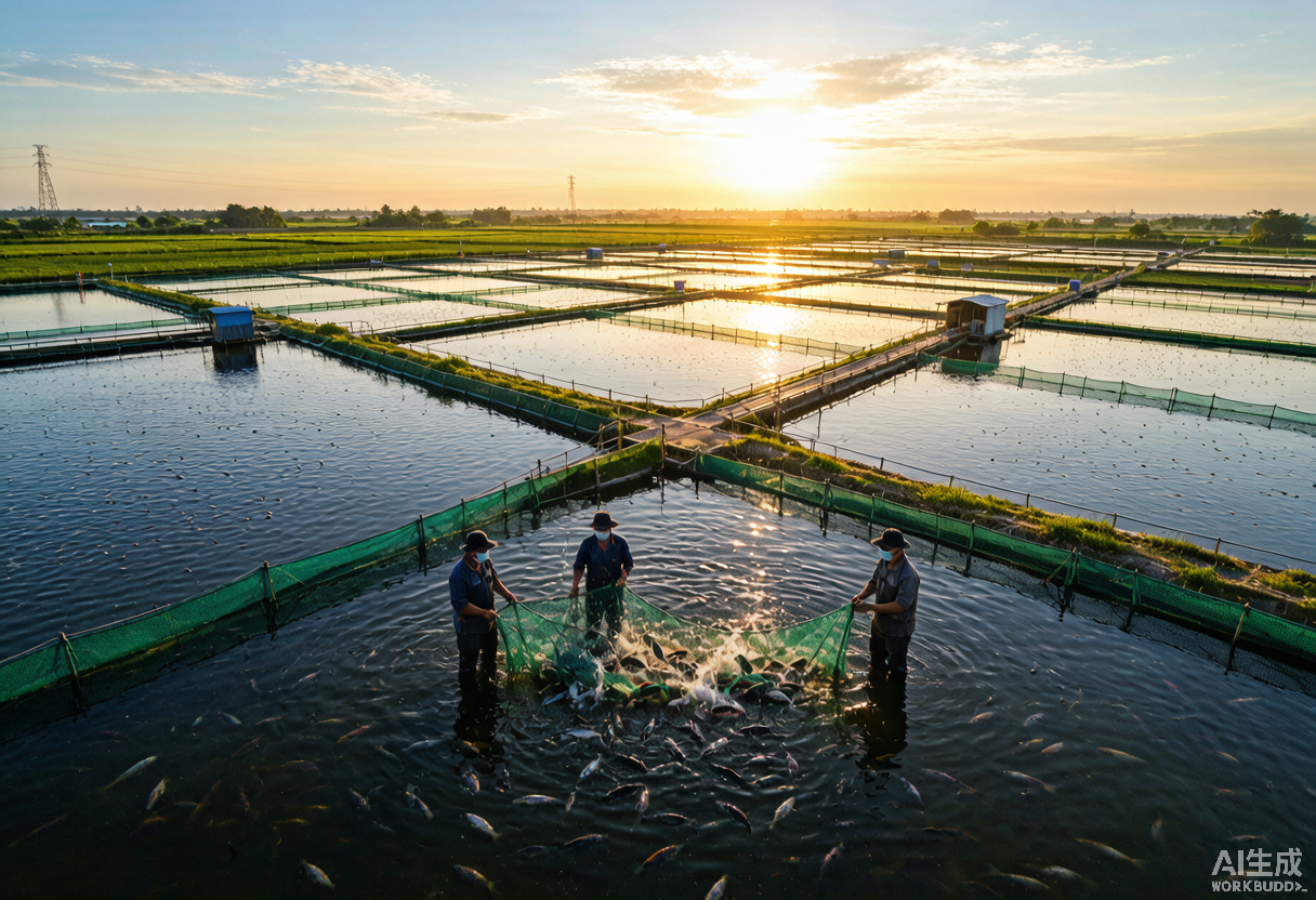 Aerial view of commercial tilapia farm in southern China, sunrise