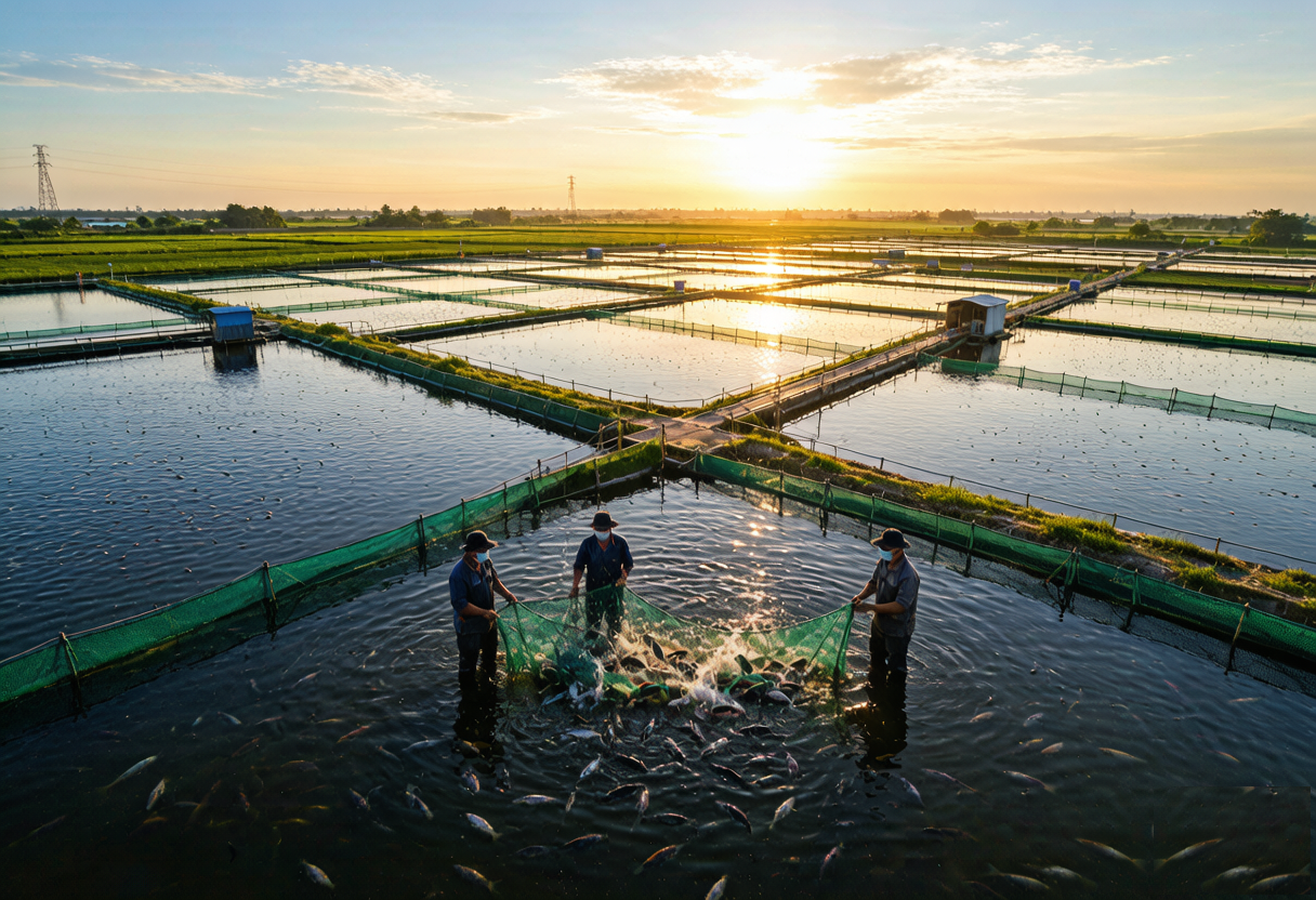 Aerial view of commercial tilapia aquaculture ponds at sunrise in southern China