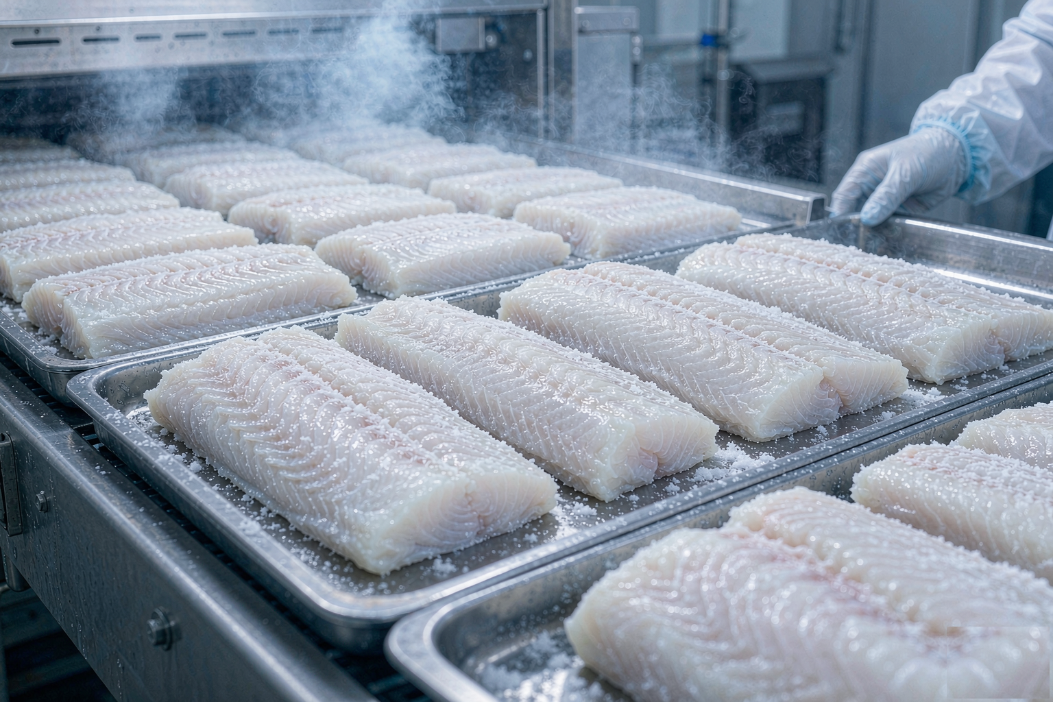 IQF frozen pangasius fillets, well-trimmed, ready for export packaging