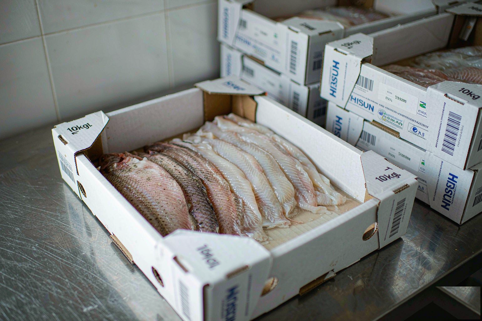 Close-up of IQF frozen tilapia fillets packed in 10kg cartons stamped for export