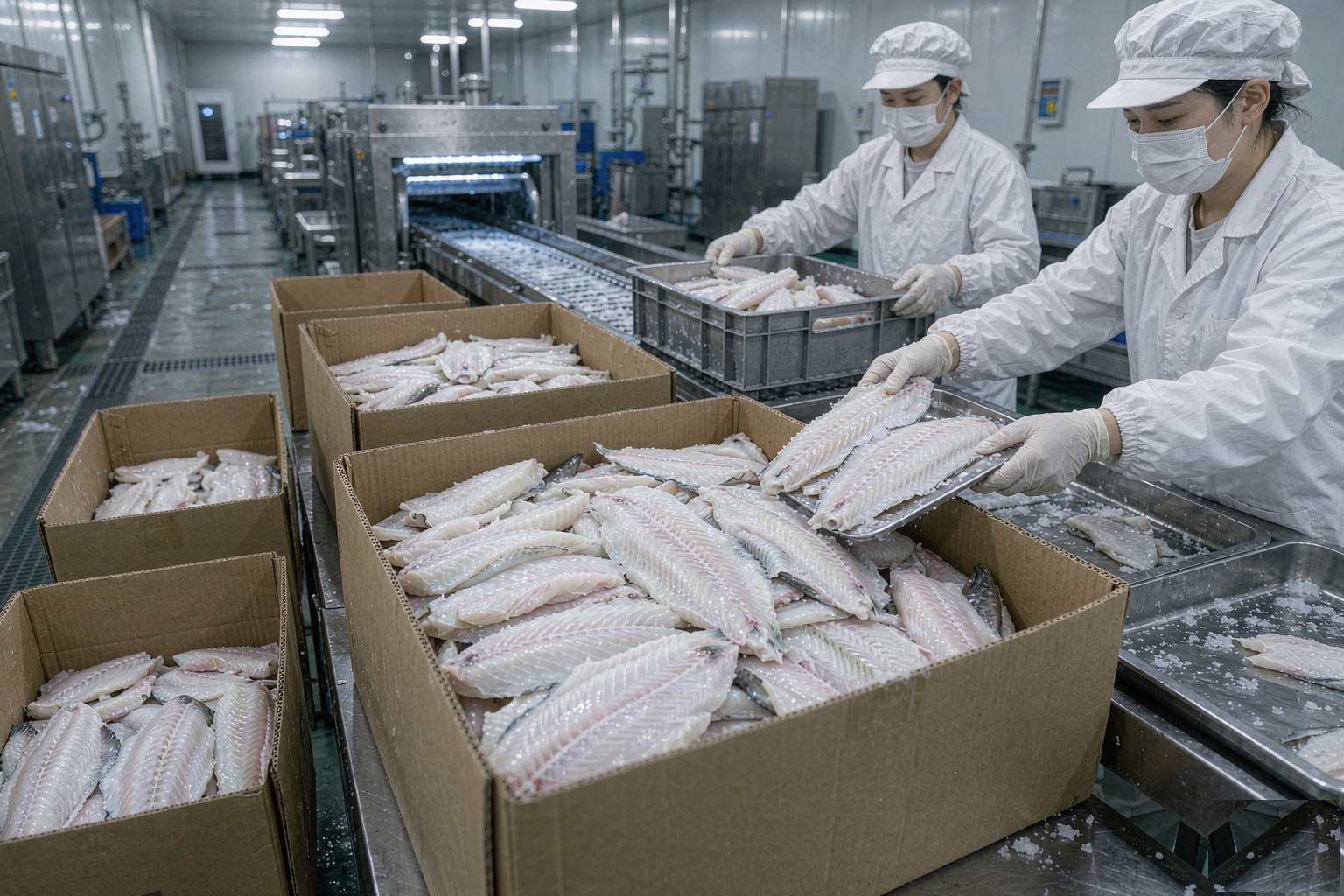 IQF frozen tilapia and pangasius fillets in 10kg cartons on a seafood processing line