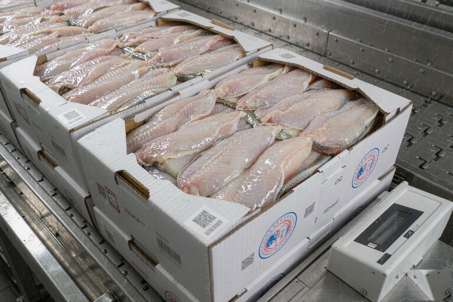 Frozen tilapia fillets in 10kg cartons with IQF glazing on a processing line