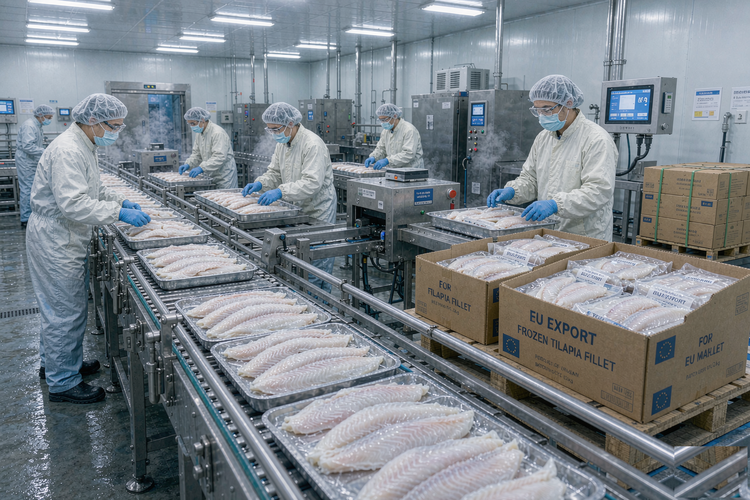Frozen tilapia and pangasius fillets prepared for EU export at a modern seafood processing facility